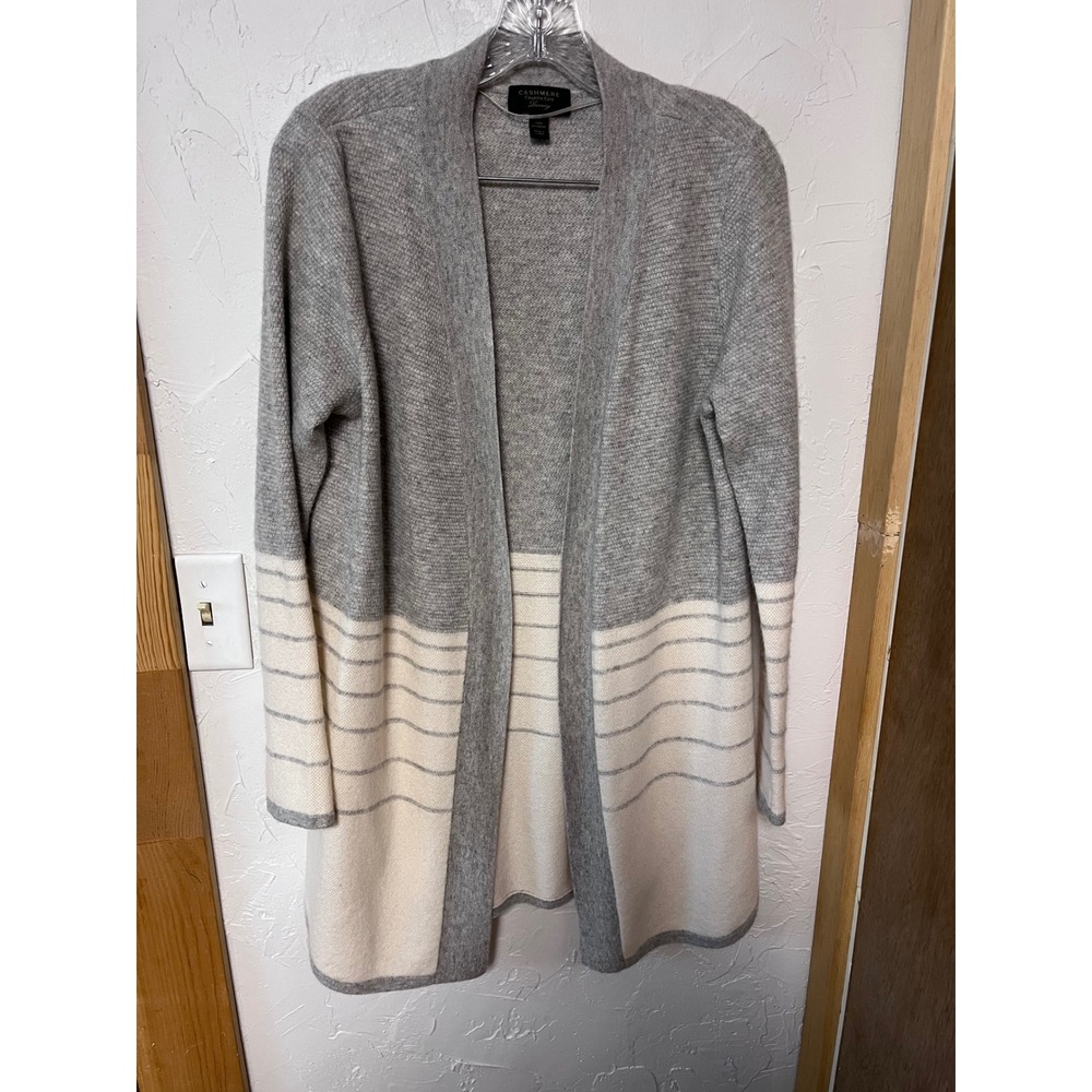 Charter Club Luxury 100% Cashmere Cardigan Sweater Grey‎ Cream Striped Womens M